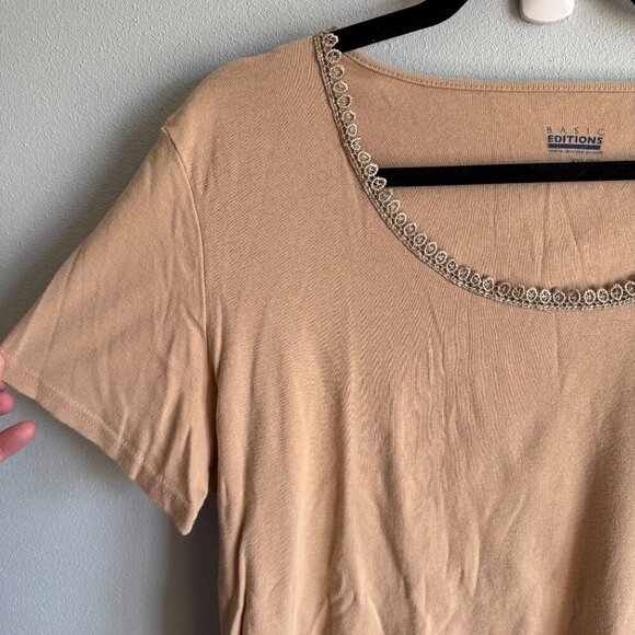 Basic Editions Womens Taupe Short Sleeve Tee XXL Lace Scoop Neckline Casual - Picture 6 of 10